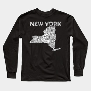 Mandala art map of New York with text in white Long Sleeve T-Shirt